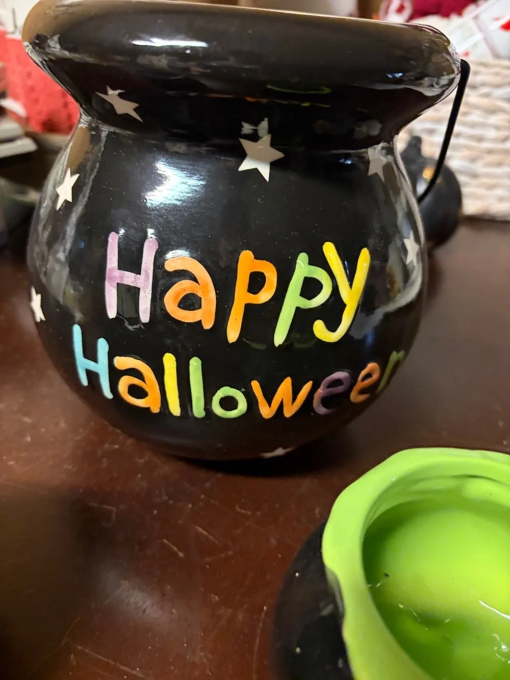 Happy Halloween Ceramic Cauldron Candle Holder - Black with Multicolor Lettering